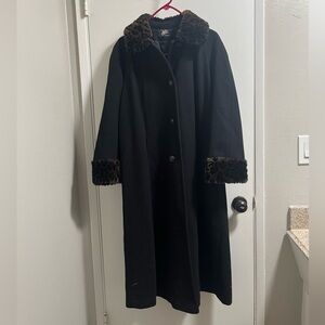 Wool coat with faux fur leopard sleeves and collar
